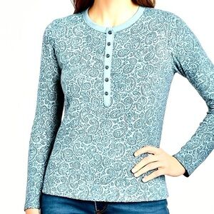Henley Top Long Sleeve Waffle T-shirt Cotton Fabric Floral Paisley Print Blue S